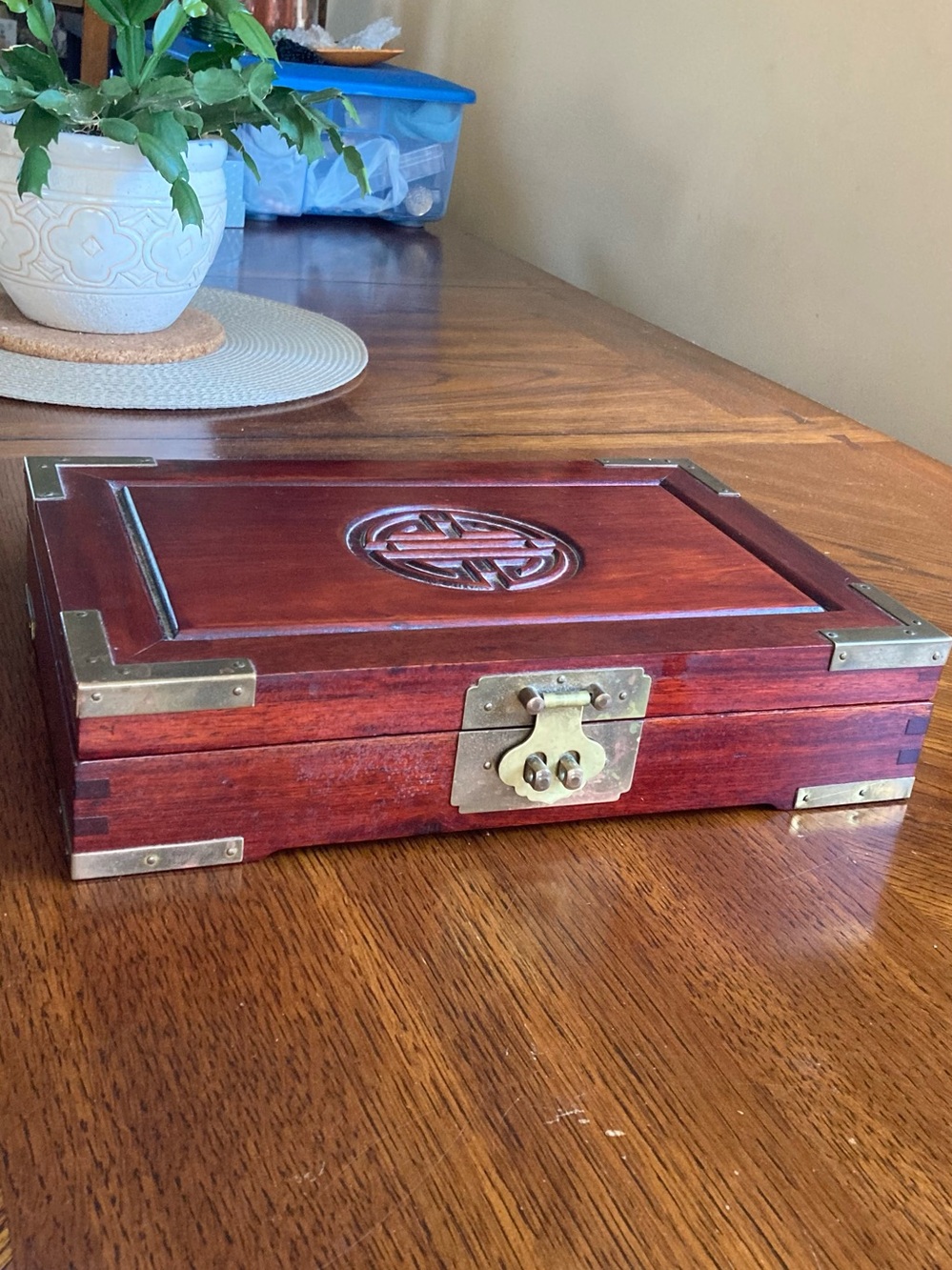 Antique Chinese Rosewood Brass Wooden Jewelry Keepsake Box Mid Century Elegance